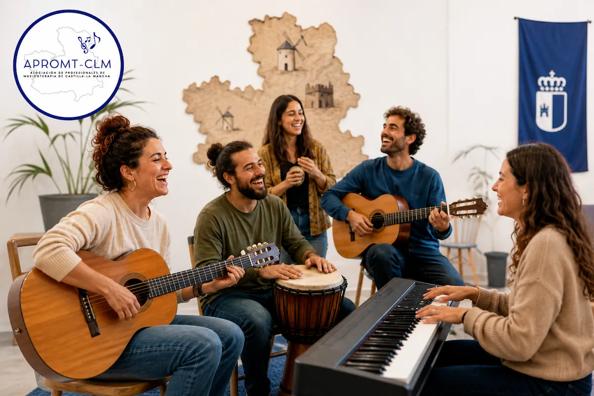 Profesionales participando en una sesión de musicoterapia en grupo en Castilla-La Mancha con APROMT-CLM