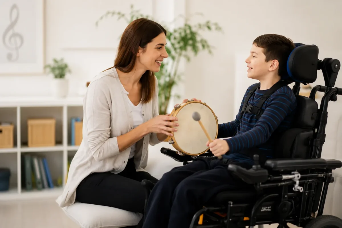Musicoterapeuta realizando una sesión terapéutica con un niño en silla de ruedas