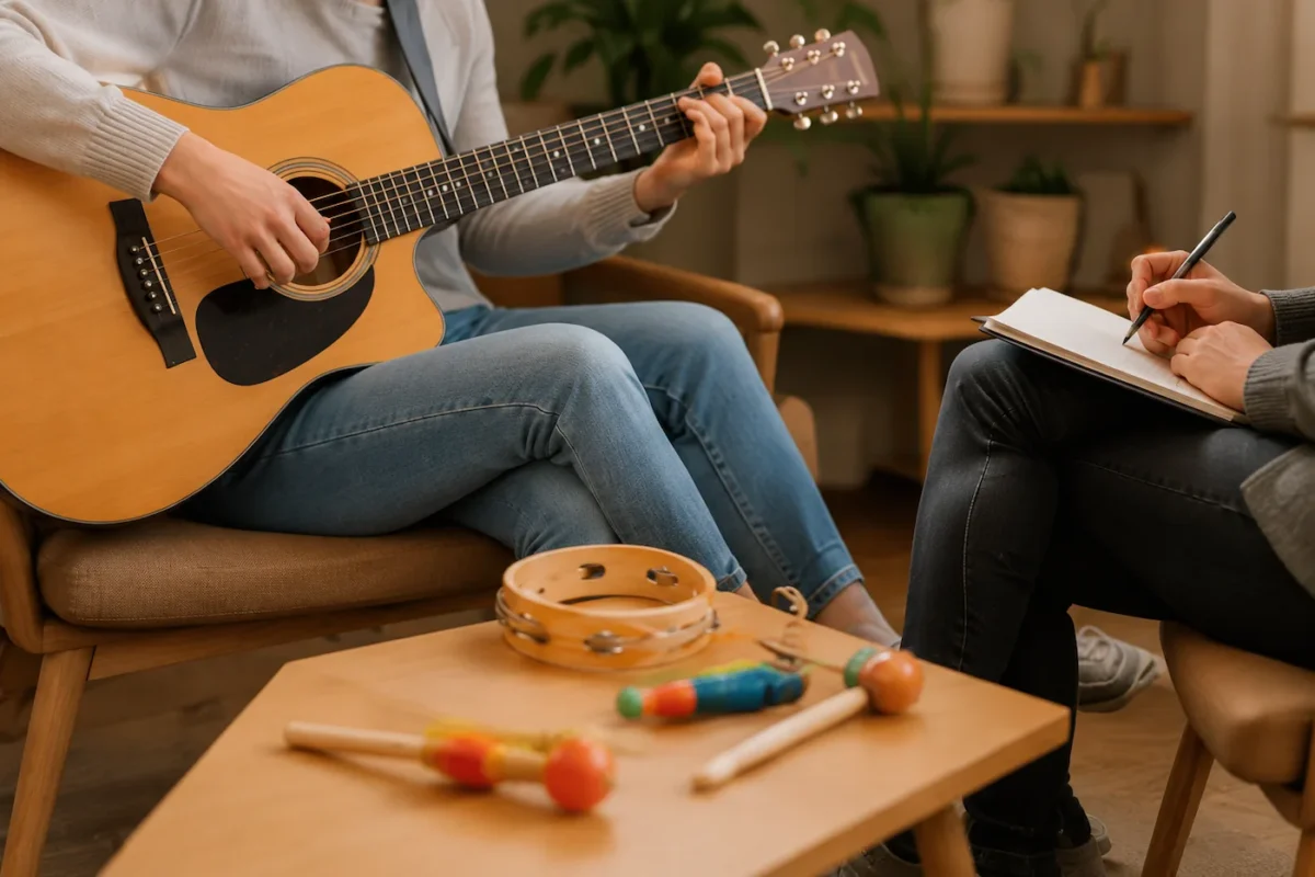 Sesión profesional de musicoterapia con guitarra e instrumentos terapéuticos durante una intervención clínica especializada