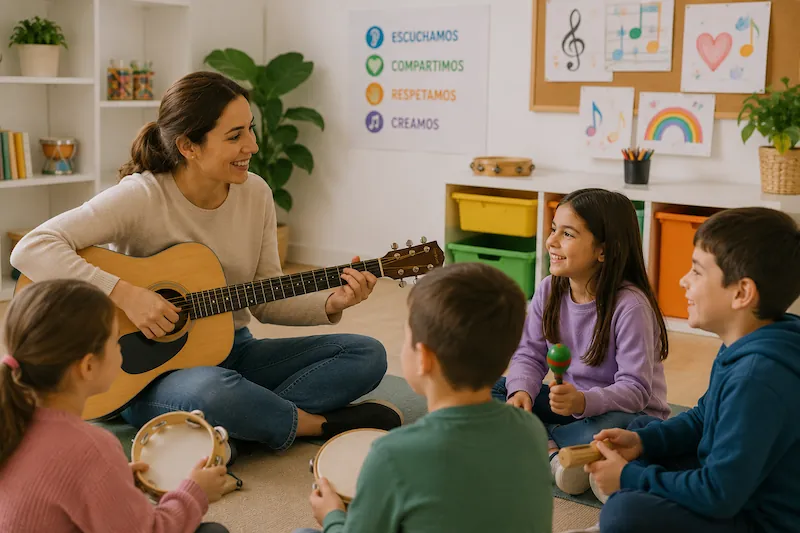 Sesión de musicoterapia en un entorno educativo y escolar con niños