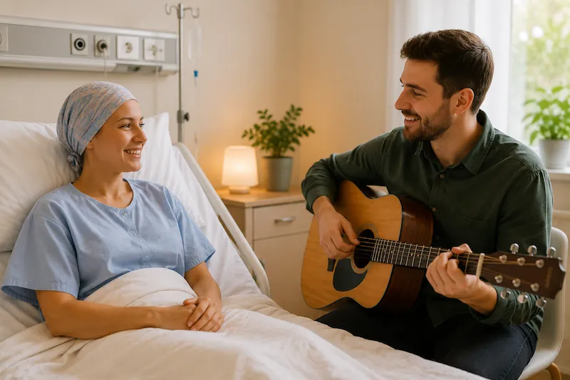 Sesión de musicoterapia en un entorno hospitalario orientada al bienestar emocional del paciente