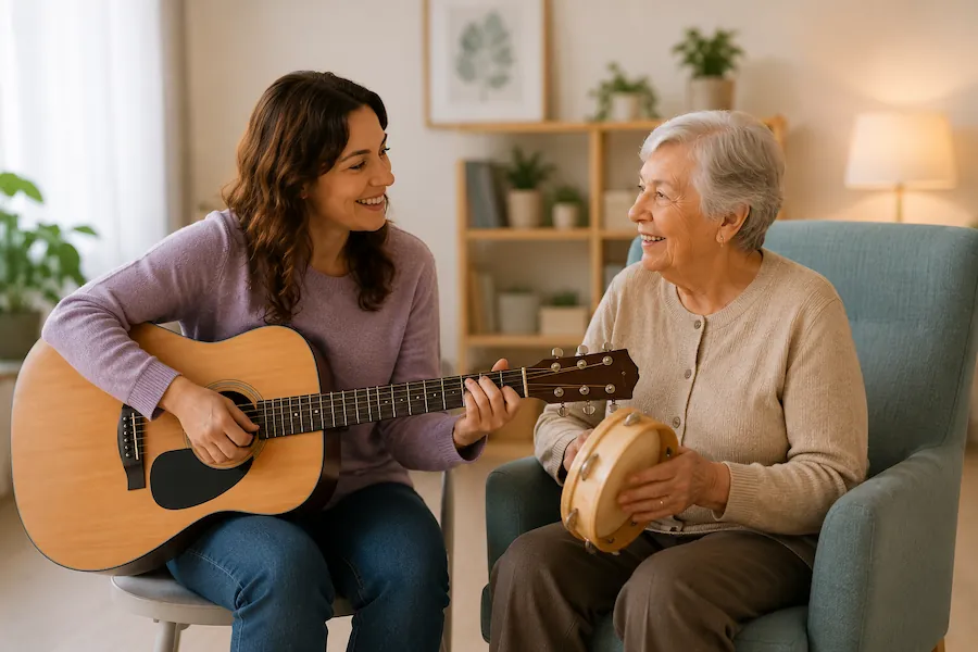 Sesión de musicoterapia con personas mayores orientada al bienestar emocional y la estimulación cognitiva
