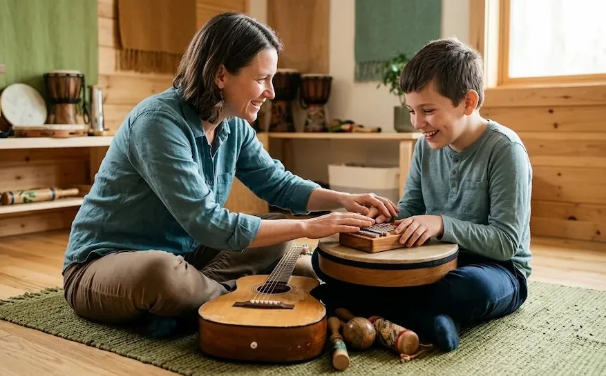 Sesión de musicoterapia infantil en Castilla-La Mancha con instrumentos musicales de madera y guitarra.