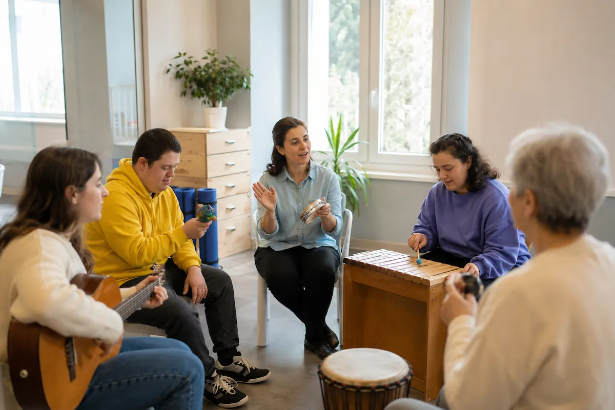 Grupo participando en una sesión de musicoterapia con instrumentos musicales