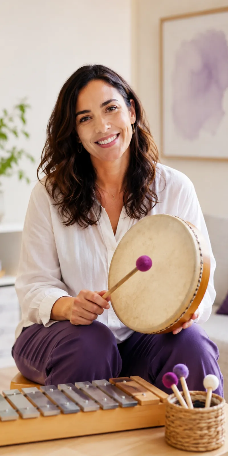 Sesión de musicoterapia con instrumentos en un espacio terapéutico