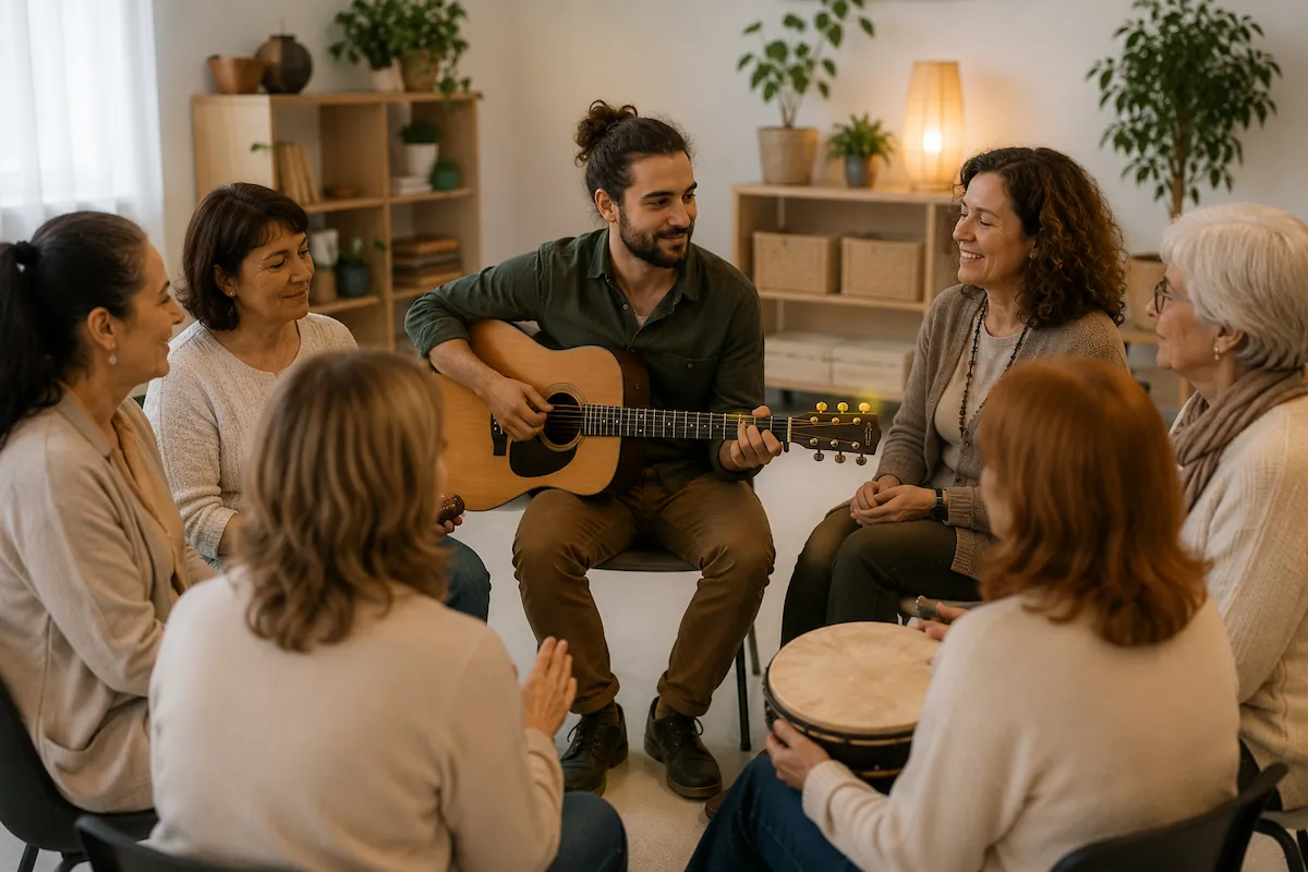 Grupo participando en una sesión de musicoterapia con guitarra y percusión